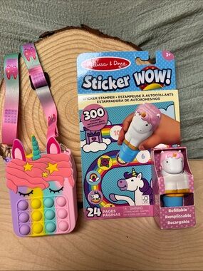 Melissa & Doug Pink Unicorn Sticker Stamper Set with Pink Unicorn Pop-It Bag